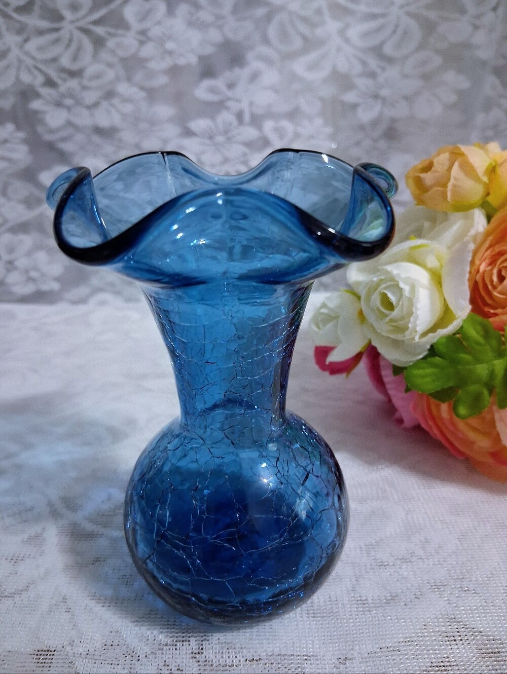 Vintage 5" Blue Crackle Glass Vase Mid-century MCM
